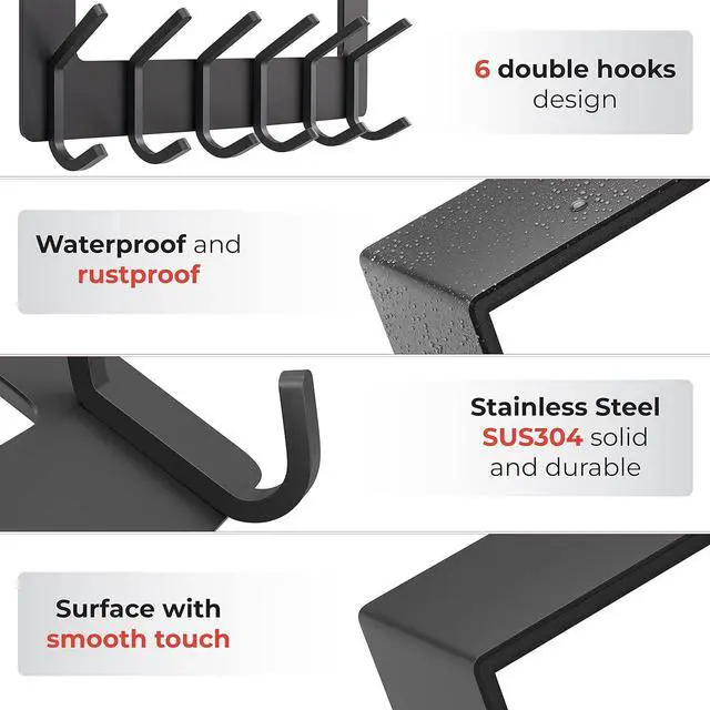 Alt view image 3 of 7 - Matte Black Over The Door Hooks  Heavy Duty Stainless Steel Door Hanger with 6 Double Hooks for Hanging Towels Coats Robes Hats Bags  No Drill Over Door Towel Rack for Bathroom & Bedroom