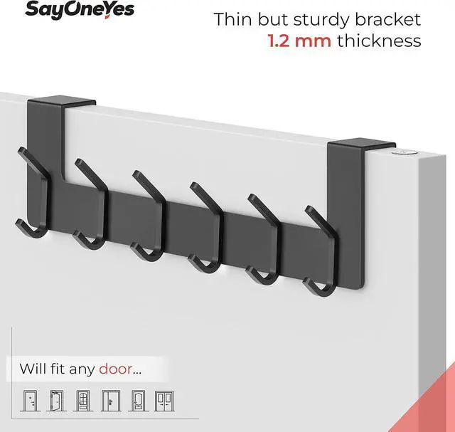 Alt view image 5 of 7 - Matte Black Over The Door Hooks  Heavy Duty Stainless Steel Door Hanger with 6 Double Hooks for Hanging Towels Coats Robes Hats Bags  No Drill Over Door Towel Rack for Bathroom & Bedroom