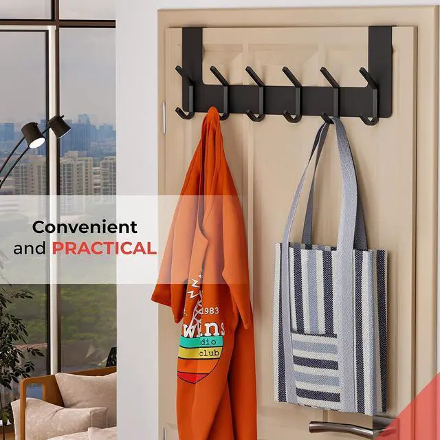 Alt view image 6 of 7 - Matte Black Over The Door Hooks  Heavy Duty Stainless Steel Door Hanger with 6 Double Hooks for Hanging Towels Coats Robes Hats Bags  No Drill Over Door Towel Rack for Bathroom & Bedroom