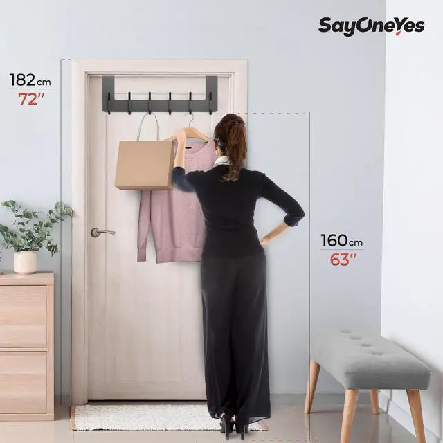 Alt view image 7 of 7 - Matte Black Over The Door Hooks  Heavy Duty Stainless Steel Door Hanger with 6 Double Hooks for Hanging Towels Coats Robes Hats Bags  No Drill Over Door Towel Rack for Bathroom & Bedroom