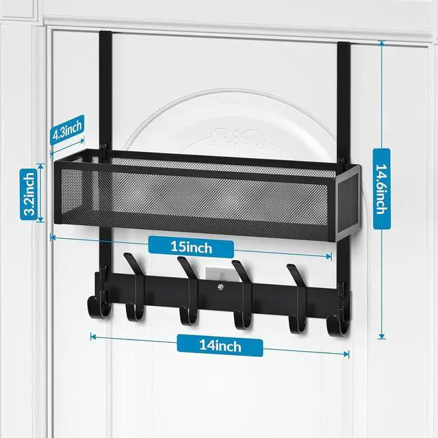 Alt view image 3 of 7 - Over The Door Hooks Organizer Over The Door Towel Rack with Mesh Basket 10 Coat Hooks and 2 Wreath Hangers Bathroom Door Organizer Back of Door Hanger for Bedroom Kitchen(Black)