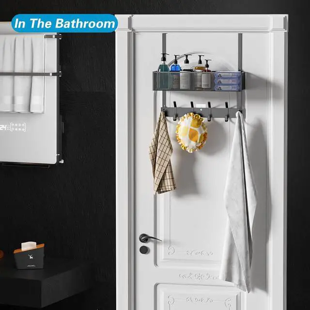 Alt view image 6 of 7 - Over The Door Hooks Organizer Over The Door Towel Rack with Mesh Basket 10 Coat Hooks and 2 Wreath Hangers Bathroom Door Organizer Back of Door Hanger for Bedroom Kitchen(Black)