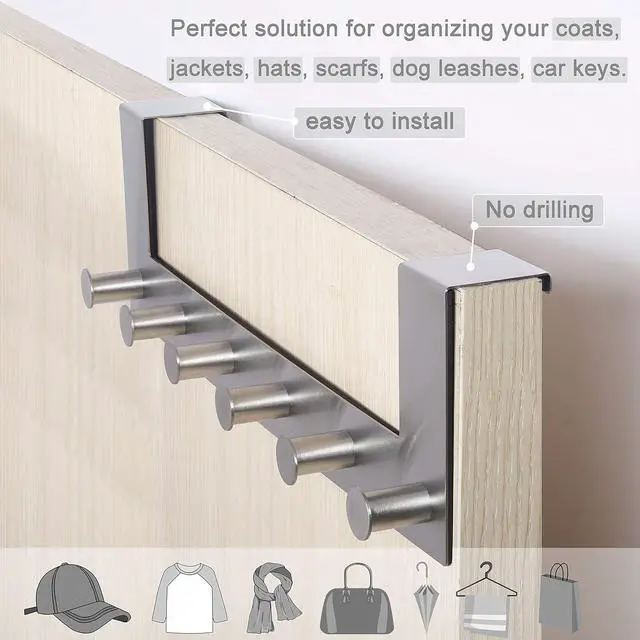 Alt view image 4 of 7 - Over The Door Hooks Door Hanger Over The Door Towel Rack with 6 Peg Hooks for Hanging Over Door Coat Rack for Clothes Back of Bathroom Silver