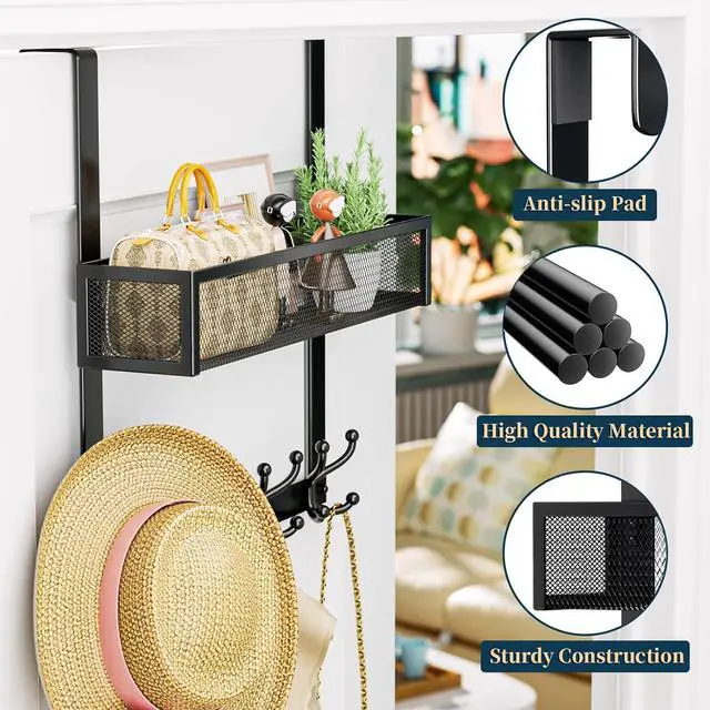 Alt view image 5 of 7 - Over The Door Hooks Organizer - Over Door Hanger with 16 Hooks & 2 Baskets for Hanging Coat Clothing Towel Back Storage for Bathroom Closet College Dorm Black