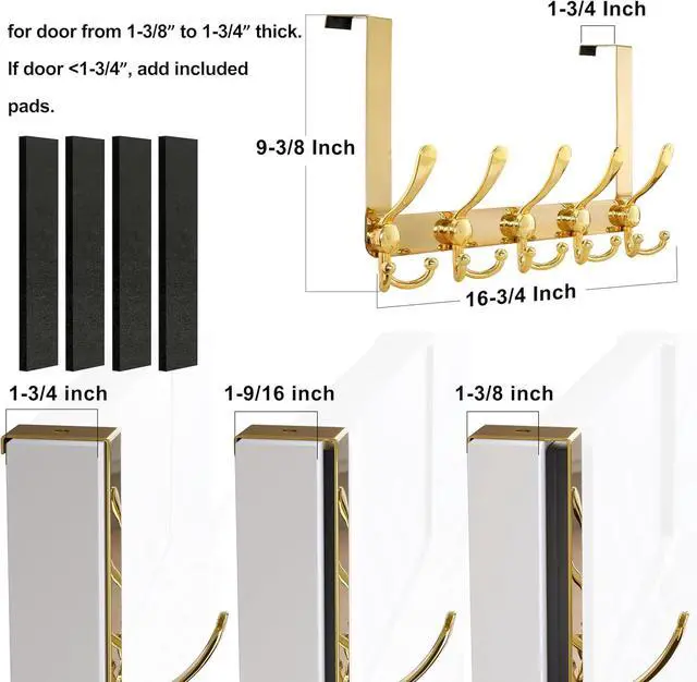 Alt view image 5 of 7 - Over Door Hook 2.0 - Upgraded Version - Simple-Assembly Strong Heavy-Duty Stainless Steel 5-Tri-Hook Over The Door Hanger Rack SimpleStrong Series Gold