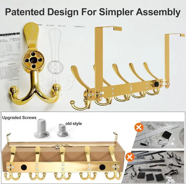 Alt view image 4 of 7 - Over Door Hook 2.0 - Upgraded Version - Simple-Assembly Strong Heavy-Duty Stainless Steel 5-Tri-Hook Over The Door Hanger Rack SimpleStrong Series Gold