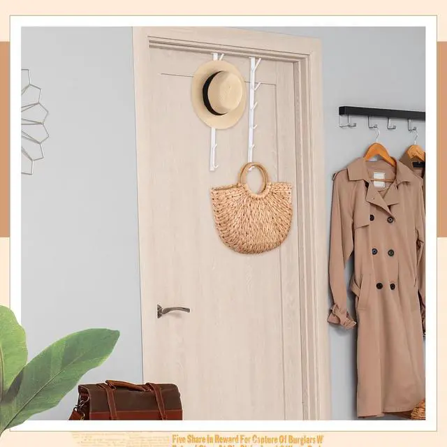 Alt view image 6 of 6 - 2 Pack Over The Door Hook Hanger Comes with 6 Hooks from Large to Small 14 Metal Over The Door Hooks Hanger for Hats Coat Scarf Purse Bags Scarf Keys and More (White)