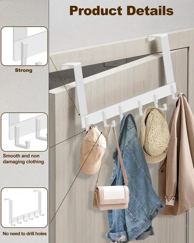 Alt view image 2 of 7 - Over The Door Hooks Sturdy Door Hanger Large Over The Door Towel Rack with 6 Hooks Heavy Duty Easy to Install for Bathroom BedroomKitchenHanging Towels Coats (White).
