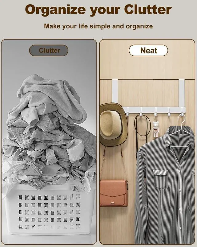 Alt view image 3 of 7 - Over The Door Hooks Sturdy Door Hanger Large Over The Door Towel Rack with 6 Hooks Heavy Duty Easy to Install for Bathroom BedroomKitchenHanging Towels Coats (White).