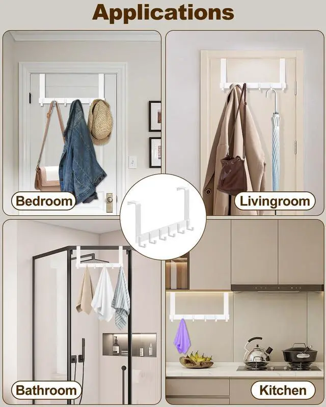 Alt view image 4 of 7 - Over The Door Hooks Sturdy Door Hanger Large Over The Door Towel Rack with 6 Hooks Heavy Duty Easy to Install for Bathroom BedroomKitchenHanging Towels Coats (White).