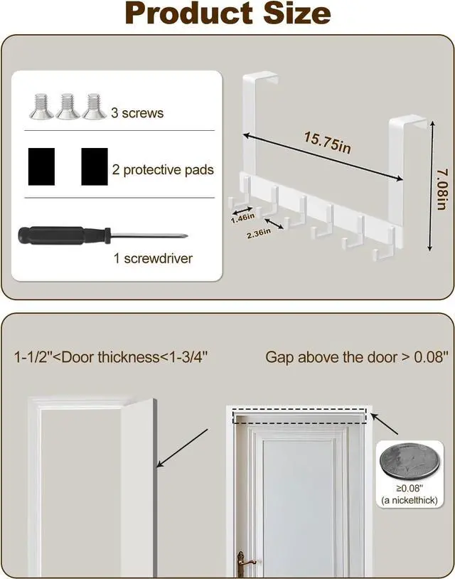 Alt view image 7 of 7 - Over The Door Hooks Sturdy Door Hanger Large Over The Door Towel Rack with 6 Hooks Heavy Duty Easy to Install for Bathroom BedroomKitchenHanging Towels Coats (White).