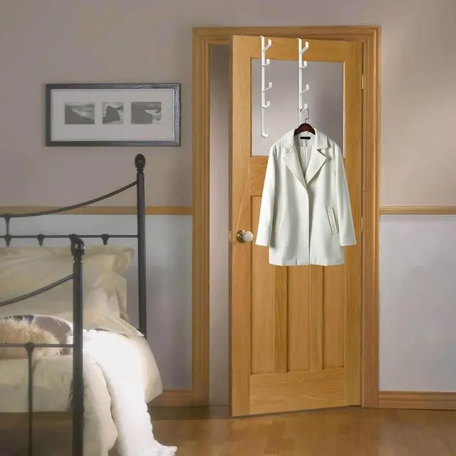 Alt view image 4 of 6 - 2 Pack Over The Door Hooks Over The Door Towel Rack Vertical Over The Door Hanger for Towels Clothes Coats Space-Saving Overdoor Metal Hanger Hook White