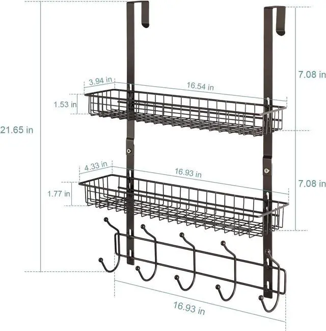 Alt view image 2 of 7 - Over The Door Hook Rack with 5 Hooks 2 Baskets Steel Sturdy Durable Coat Rack Towel Hooks Hanging Organizer Shelves for Home Bedroom Bathroom Kitchen Brown