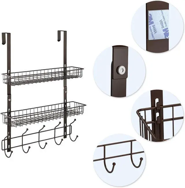 Alt view image 3 of 7 - Over The Door Hook Rack with 5 Hooks 2 Baskets Steel Sturdy Durable Coat Rack Towel Hooks Hanging Organizer Shelves for Home Bedroom Bathroom Kitchen Brown