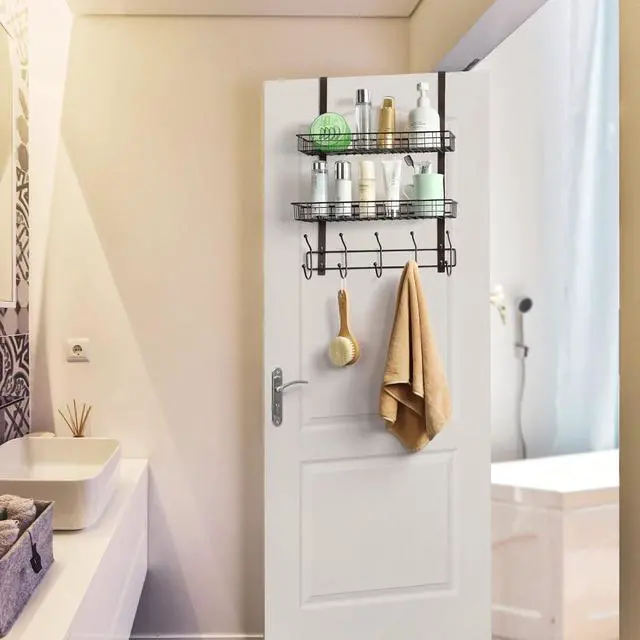 Alt view image 5 of 7 - Over The Door Hook Rack with 5 Hooks 2 Baskets Steel Sturdy Durable Coat Rack Towel Hooks Hanging Organizer Shelves for Home Bedroom Bathroom Kitchen Brown