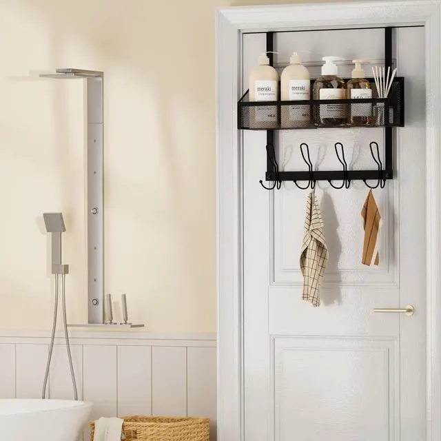 Alt view image 2 of 6 - Over The Door Hooks Organizer with 12 Coat Hooks & Mesh Baskets - Towel Rack Storage for Bathroom Kitchen Bedroom (Black)