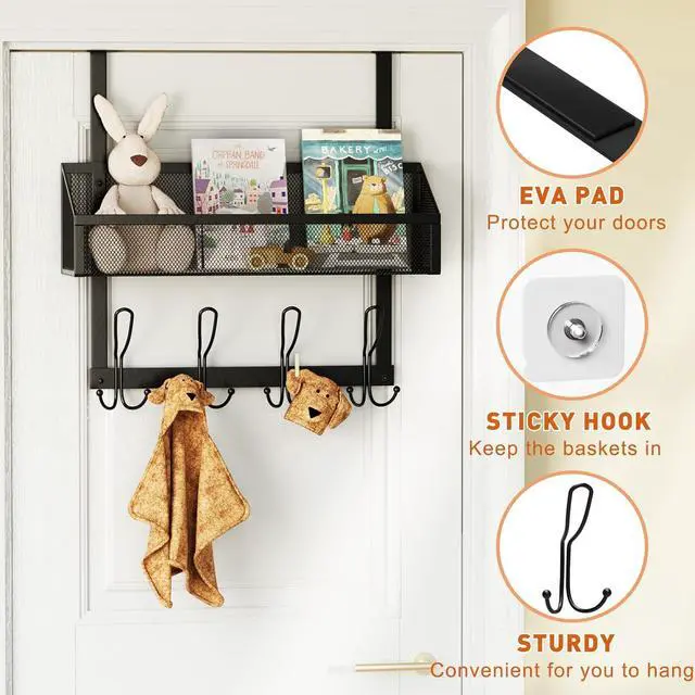 Alt view image 3 of 6 - Over The Door Hooks Organizer with 12 Coat Hooks & Mesh Baskets - Towel Rack Storage for Bathroom Kitchen Bedroom (Black)