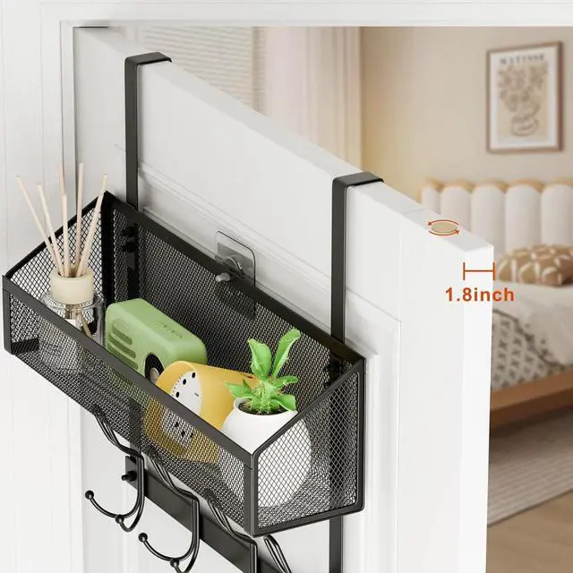 Alt view image 4 of 6 - Over The Door Hooks Organizer with 12 Coat Hooks & Mesh Baskets - Towel Rack Storage for Bathroom Kitchen Bedroom (Black)