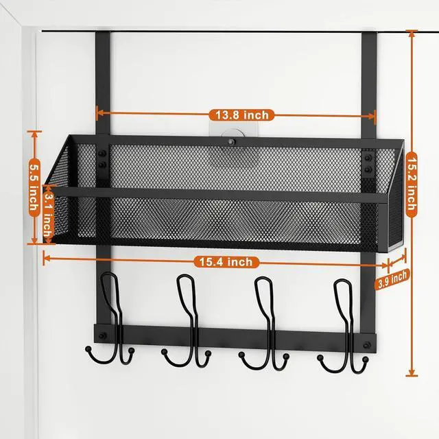 Alt view image 6 of 6 - Over The Door Hooks Organizer with 12 Coat Hooks & Mesh Baskets - Towel Rack Storage for Bathroom Kitchen Bedroom (Black)