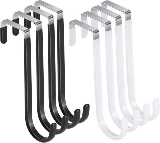 Main image of 8 Pack Over The Door Hooks Multicolor High Load-Bearing Metal Single Door Hooks for Hanging Towels Clothes Bathroom Living Room Kitchen (White Black)