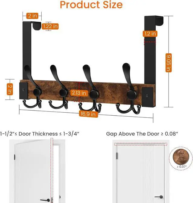 Alt view image 6 of 7 - Over The Door Hooks for Hanging Heavy Duty Wood Over Door Hanger Hook Over The Door Towel Coat Rack for Bathroom Back of Door Hooks for Hanging Towels Clothes Hats Rustic Brown Black