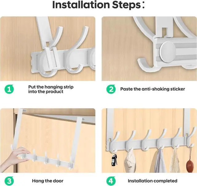 Alt view image 5 of 7 - Over The Door Hooks No Nail Over Door Hanger Holder No Assembly Required Large Over The Door Towel Rack with 12 Hooks Heavy Duty hooks for Bathroom Bedroom Kitchen Hanging Towels Coats (White)