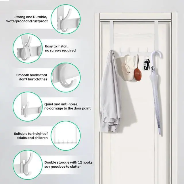 Alt view image 6 of 7 - Over The Door Hooks No Nail Over Door Hanger Holder No Assembly Required Large Over The Door Towel Rack with 12 Hooks Heavy Duty hooks for Bathroom Bedroom Kitchen Hanging Towels Coats (White)