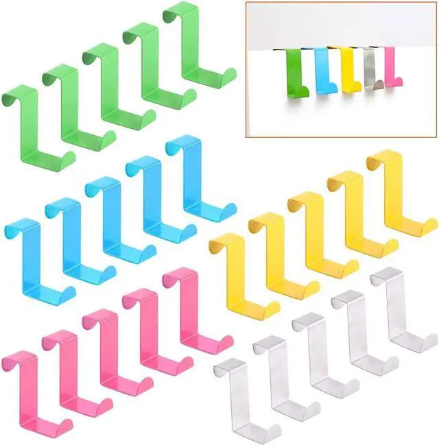 Main image of 25 Pcs Over The Door Hook Kit - 5 Colors Metal Reversible Double Side Z Shaped Hanging Hooks for Kitchen Bathroom Bedroom Cabinet (Pink Blue Yellow Green Silver)