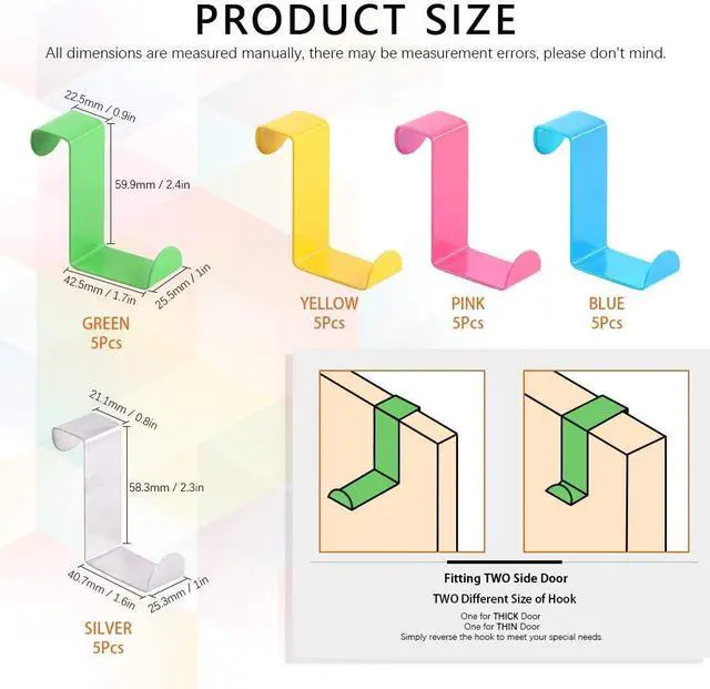 Alt view image 2 of 7 - 25 Pcs Over The Door Hook Kit - 5 Colors Metal Reversible Double Side Z Shaped Hanging Hooks for Kitchen Bathroom Bedroom Cabinet (Pink Blue Yellow Green Silver)