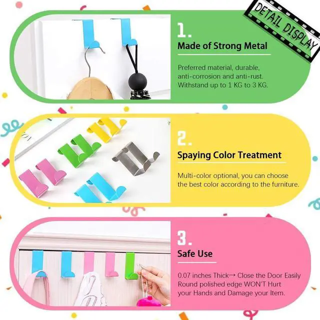 Alt view image 4 of 7 - 25 Pcs Over The Door Hook Kit - 5 Colors Metal Reversible Double Side Z Shaped Hanging Hooks for Kitchen Bathroom Bedroom Cabinet (Pink Blue Yellow Green Silver)