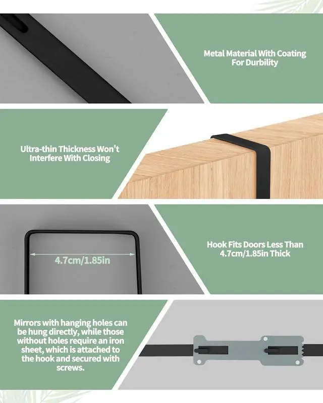 Alt view image 4 of 7 - 2 PCS Over The Door Mirror Hanger Adjustable Door Mirror Hanger Five-Hole Over The Doors-Mirrors Hook Mirrors Doors Hangers with 2 Iron Filings and Screws (Black)