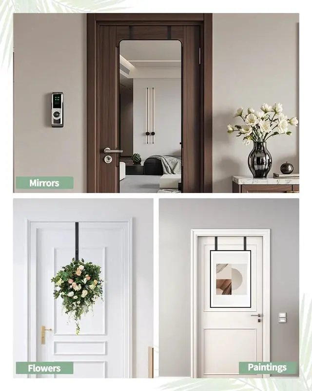 Alt view image 7 of 7 - 2 PCS Over The Door Mirror Hanger Adjustable Door Mirror Hanger Five-Hole Over The Doors-Mirrors Hook Mirrors Doors Hangers with 2 Iron Filings and Screws (Black)