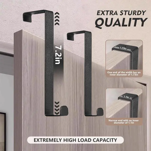 Alt view image 3 of 7 - Over The Door Hooks 2-Pack Heavy Duty Towel Rack Hanger for Bathroom Bedroom Dorm Room Fixed Door Hooks for Hanging Robe Coat Towel Organizer (Black)