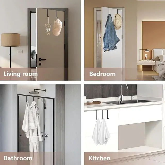 Alt view image 5 of 7 - Over The Door Hooks 2-Pack Heavy Duty Towel Rack Hanger for Bathroom Bedroom Dorm Room Fixed Door Hooks for Hanging Robe Coat Towel Organizer (Black)