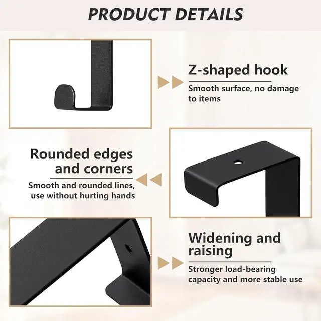 Alt view image 7 of 7 - Over The Door Hooks 2-Pack Heavy Duty Towel Rack Hanger for Bathroom Bedroom Dorm Room Fixed Door Hooks for Hanging Robe Coat Towel Organizer (Black)