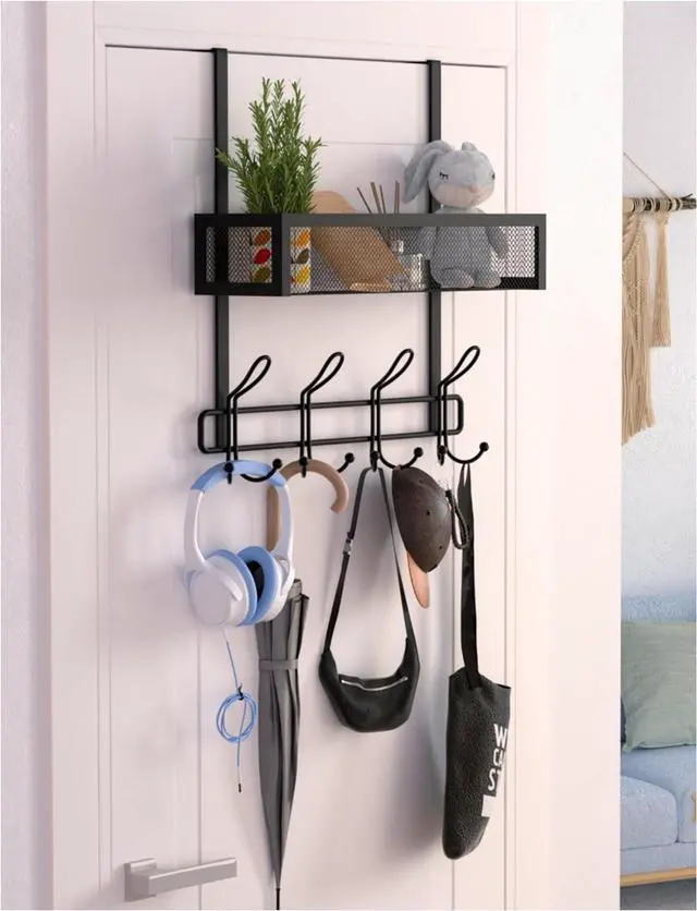 Main image of Over The Door Hooks Organizer Storage - Over The Door Hanger for Coat Rack Storage with 12 Hook & 2 Mesh Baskets for Bathroom Bedroom Kitchen Office (Single Layer with 12 Hooks)