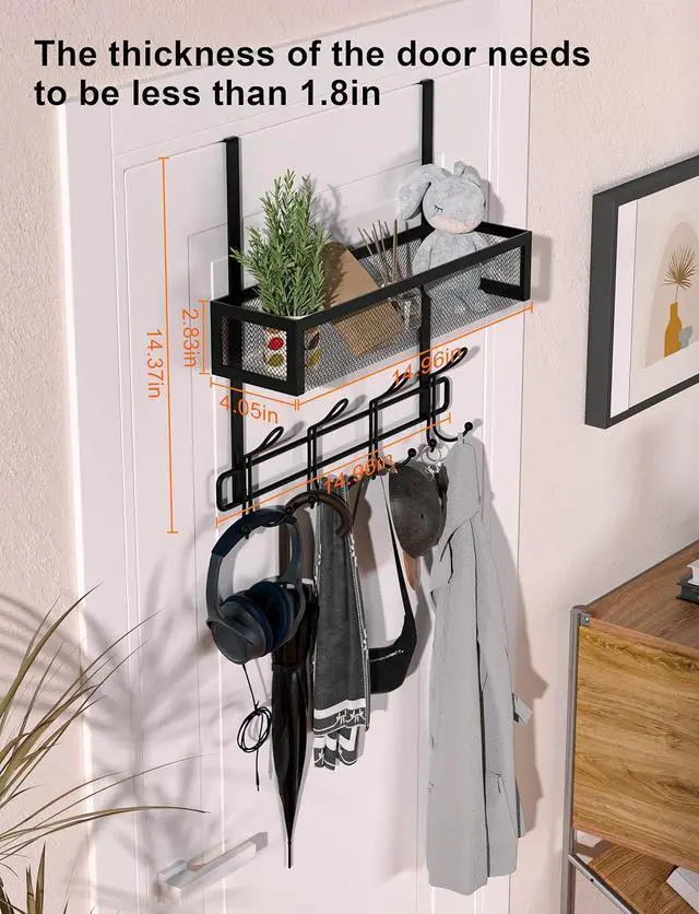 Alt view image 2 of 7 - Over The Door Hooks Organizer Storage - Over The Door Hanger for Coat Rack Storage with 12 Hook & 2 Mesh Baskets for Bathroom Bedroom Kitchen Office (Single Layer with 12 Hooks)