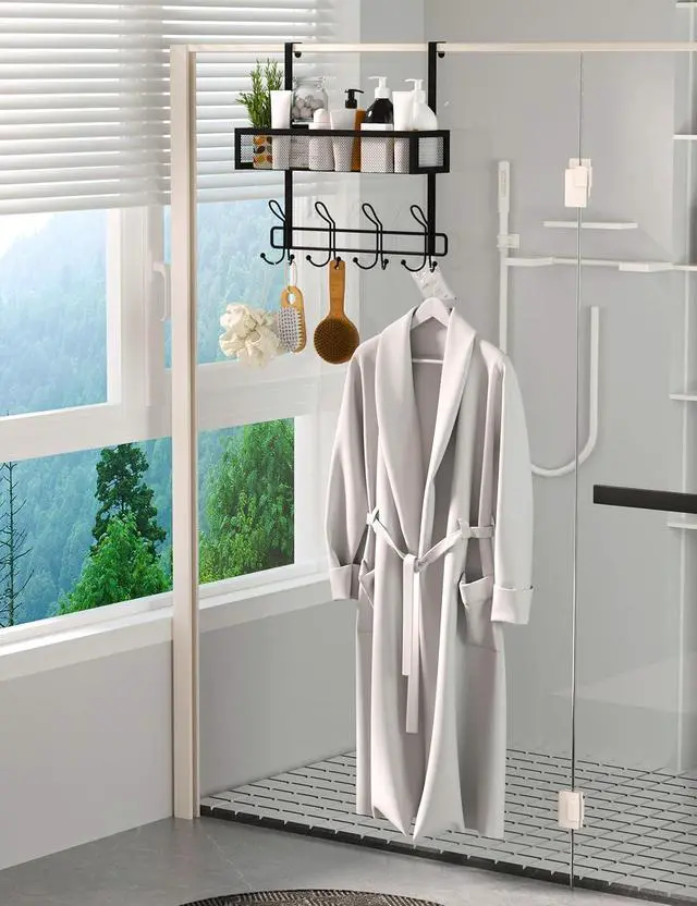 Alt view image 4 of 7 - Over The Door Hooks Organizer Storage - Over The Door Hanger for Coat Rack Storage with 12 Hook & 2 Mesh Baskets for Bathroom Bedroom Kitchen Office (Single Layer with 12 Hooks)