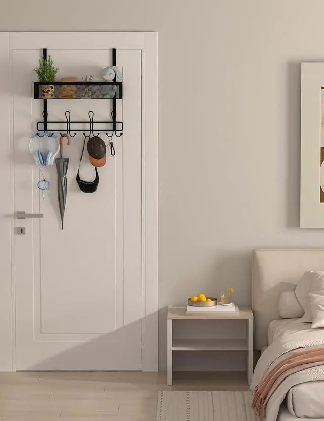 Alt view image 5 of 7 - Over The Door Hooks Organizer Storage - Over The Door Hanger for Coat Rack Storage with 12 Hook & 2 Mesh Baskets for Bathroom Bedroom Kitchen Office (Single Layer with 12 Hooks)