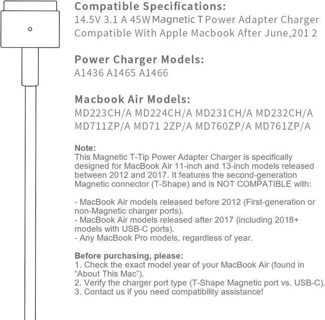 Alt view image 7 of 7 - Mac Book Air Charger AC 45W Magnetic T-Tip Power Adapter Charger Compatible with MacBook Air 11-inch/13-inch (2012-2017)