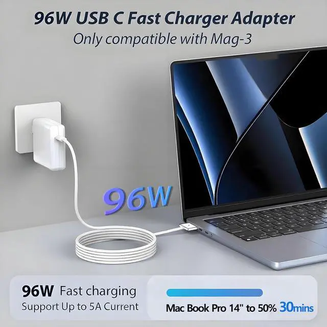 Alt view image 3 of 7 - 96W Charger for MacBook Pro 16 14 inch Mac Air 15 13 inch 2025 2024 2023 2022 2021 M1M4 Type C Fast Charger Power Adapter & 6.6FT Type C to Magnetic 3 Cable LED Applicable 2021-2025