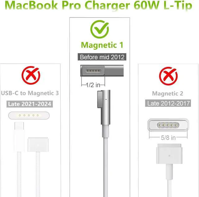 Alt view image 2 of 7 - Mac Book Pro Charger 60W L-Tip Mag 1 Power Adapter Compatible with Mac Book Pro 13 inch (Before Mid 2012 Models)
