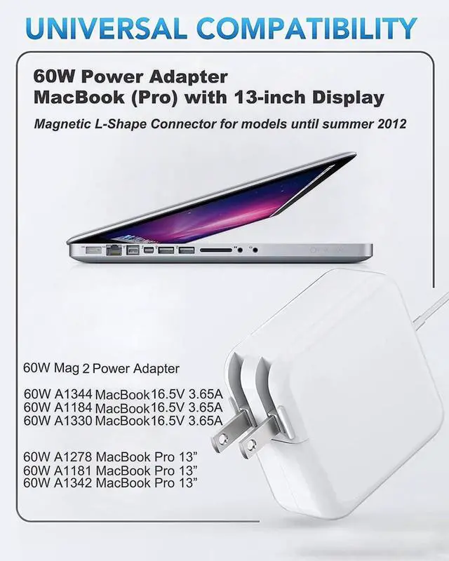 Alt view image 2 of 7 - 60W Mac Book Pro Charger Mag 2 Power Adapter Compatible with Mac Book Pro/Air 13 inch-15 inch Retina (Between 2012-2018)