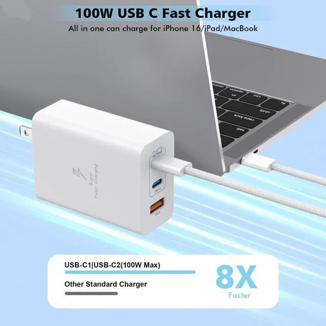 Alt view image 2 of 7 - 100W USB C Charger 2Pack 140W USB C to C Woven Cable 6FT Braided Cord 100W Type C MacBook Pro Charger Block 6Foot Super Fast Phone Charging 3 Port PD & AC Charge for MacBook Pro/iPhone 16/15/iPad Pro