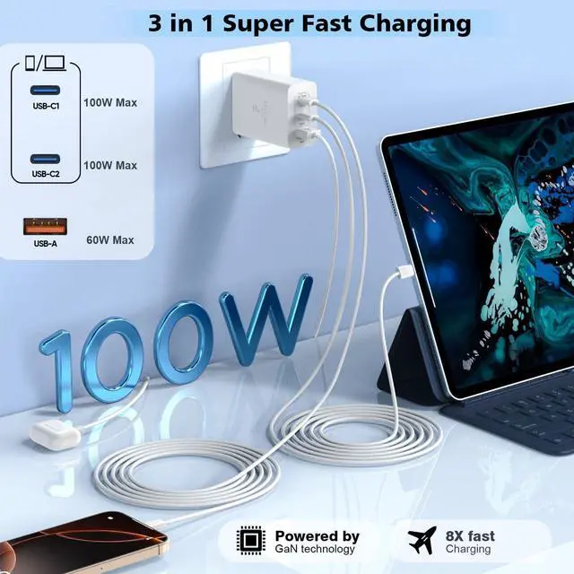 Alt view image 3 of 7 - 100W USB C Charger 2Pack 140W USB C to C Woven Cable 6FT Braided Cord 100W Type C MacBook Pro Charger Block 6Foot Super Fast Phone Charging 3 Port PD & AC Charge for MacBook Pro/iPhone 16/15/iPad Pro