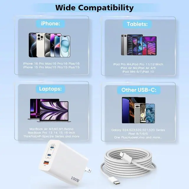 Alt view image 5 of 7 - 100W USB C Charger 2Pack 140W USB C to C Woven Cable 6FT Braided Cord 100W Type C MacBook Pro Charger Block 6Foot Super Fast Phone Charging 3 Port PD & AC Charge for MacBook Pro/iPhone 16/15/iPad Pro