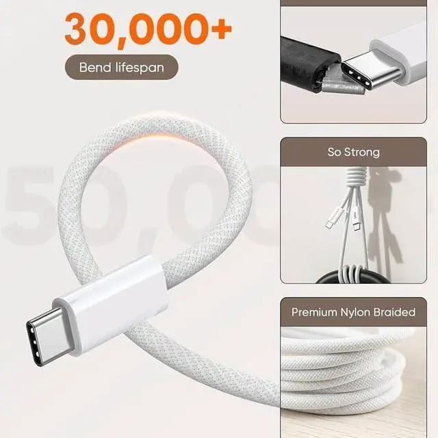 Alt view image 3 of 7 - 240w USB-c Charge Cable (2 m) 6ft USBC to USBC Woven Fast Charging Cord Type C Compatible for MacBook Pro Air iPad mini/iPhone 16 Pro Max 15 Plus 17 Air  Galaxy S25 Ultra/S24/S23/S22/S21/S20