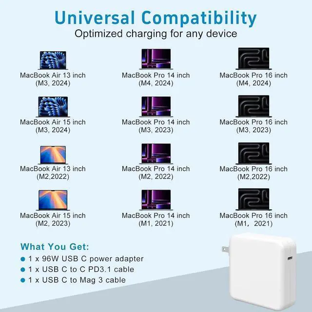 Alt view image 6 of 6 - 96W/70W Charger for Mac Book Pro 16 14 Inch Mac Book Air 15 13 Inch M4 M3 M2 M1 from 2025 2024 2023 2022 2021 USB-C to Mag 3 Power Adapter Include 6.6ft USB-C to Mag 3 Cable(Original Quality)