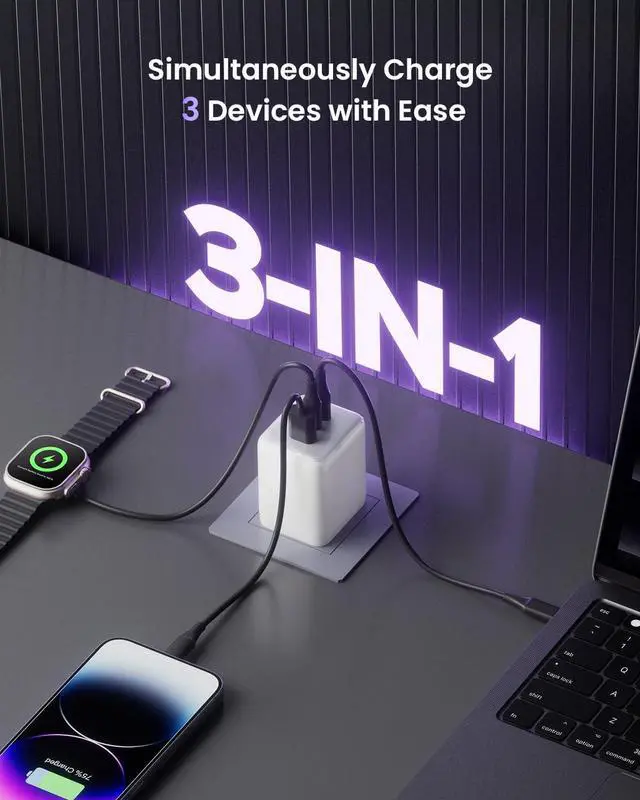 Alt view image 4 of 7 - 100W USB C Charger Block 3-Port Compact Foldable Power Adapter USB Wall Charger for MacBook Pro/Air  XPS iPad Pro iPhone Series Galaxy S25/S24 and More