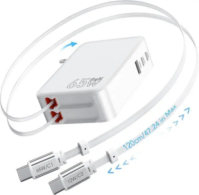 Main image of 65W for MacBook Pro Charger 5-in-1 Retractable Wall Charger Plug for iPhone 17 Dual 3.94 ft PD USB C Cable&3 Ports Fast Charging Block for Mac Book Pro/Air M1 M2 M3 M4 iPad Pro Galaxy Pixel